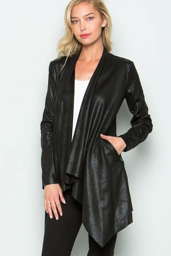 Black Faux Leather Cardigan Asymmetrical Hem - London Poppy Store