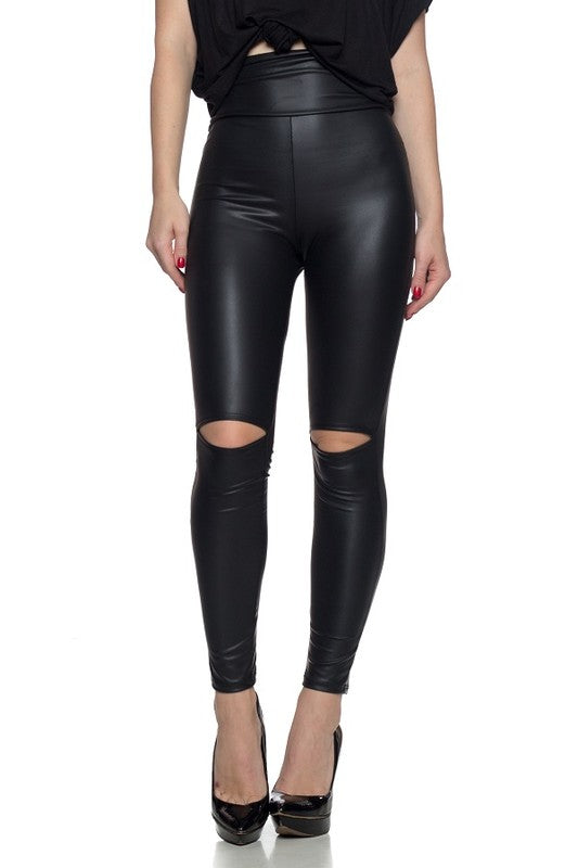 High Waisted Distressed Faux Leather Leggings